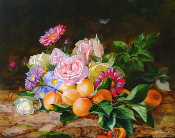 May include: A still life painting featuring a bouquet of pink, white, and yellow roses, pink and purple asters, and green leaves. The bouquet is arranged on a brown surface with a cluster of orange apricots.