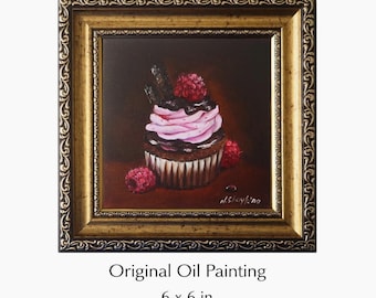 Original Oil Painting Cupcake Raspberries Dessert Art 6x6 inch Kitchen Canvas
