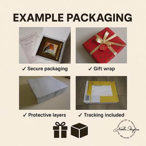May include: A collage titled EXAMPLE PACKAGING showing four stages of shipping: a framed robin painting in a white box with a certificate, a red gift-wrapped box with a gold ribbon, a plain white protective box, and a yellow shipping envelope.