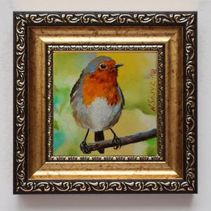 Red Robin Bird Oil Painting: Small Framed Original Artwork