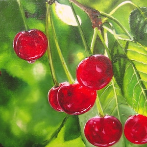 Cherry Tree Painting, Cherry Colors, Fruit Fine Art, Red Cherries, Garden Original Art Paintings Nature Wall Art, Realistic Artwork, Green image 1