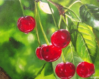 Cherry Tree Painting, Cherry Colors, Fruit Fine Art, Red Cherries, Garden Original Art Paintings Nature Wall Art, Realistic Artwork, Green