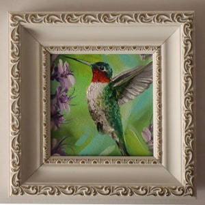 Hummingbird oil painting original 4x4 framed artwork, Valentines day Gifts, Mothers day gift, Bird wall decor, Hummingbird Art for Wall