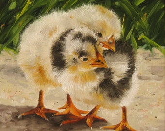Two Baby Chickens Original Oil Painting, Easter Gifts, Cute Little Hen, Farmyard Bird, Small Art Canvas, Country Wall  Art, Nursery Decor