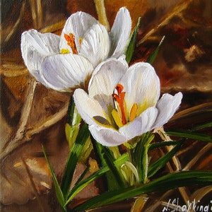 Spring Flower Painting, Crocus Original Art, Floral Wall Art, Small Canvas White Crocus, Botanical Painting, Crocus Paintings, Cozy Artwork