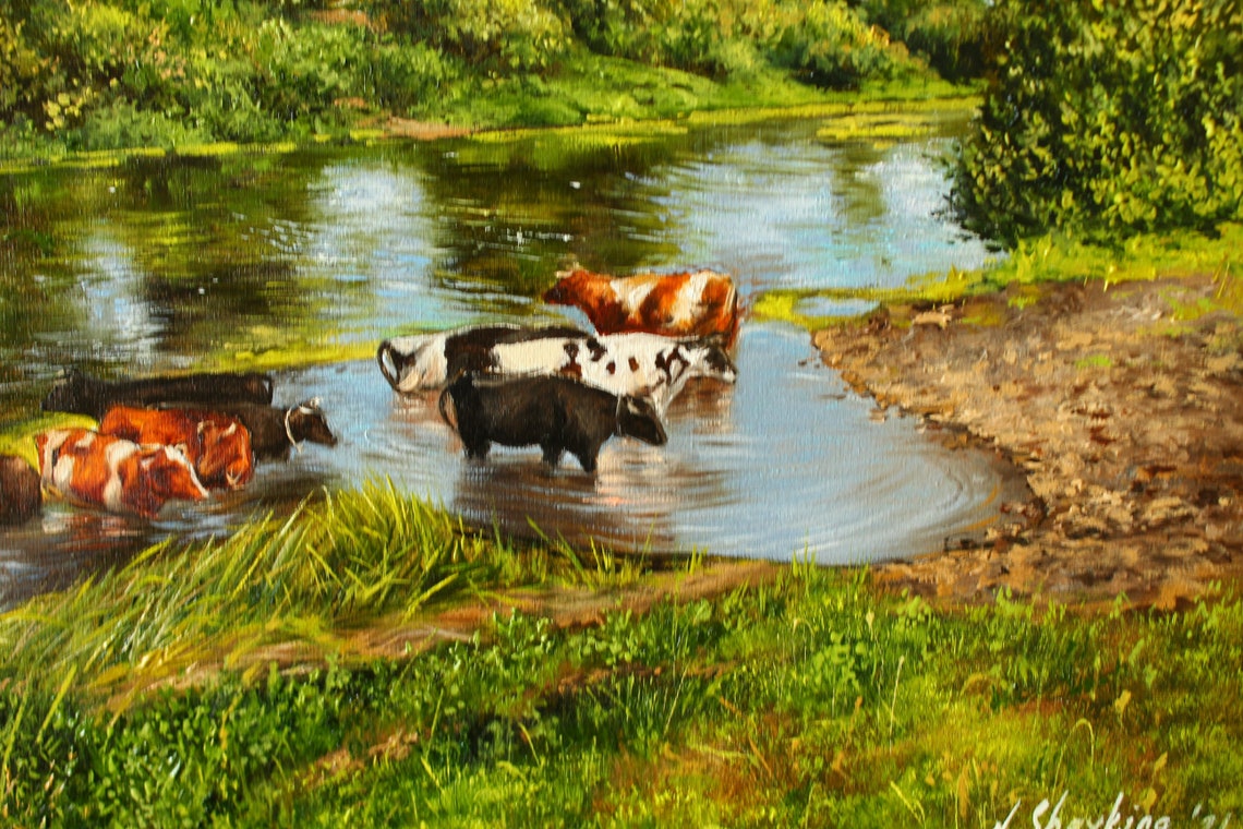 Oil Painting Landscape Original Canvas Art Cows in The River Etsy