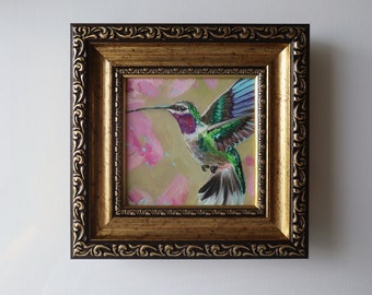 Hummingbird Painting in Frame - Original Miniature Oil Art 4x4 - Small Gift for Mom - Bird Artwork in Frame