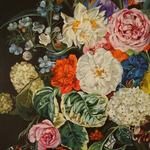 May include: A vibrant floral still life painting featuring a variety of blooms in shades of white, pink, red, and purple. The arrangement includes roses, irises, and hydrangeas, with green foliage and a dark background. Butterflies are also present.