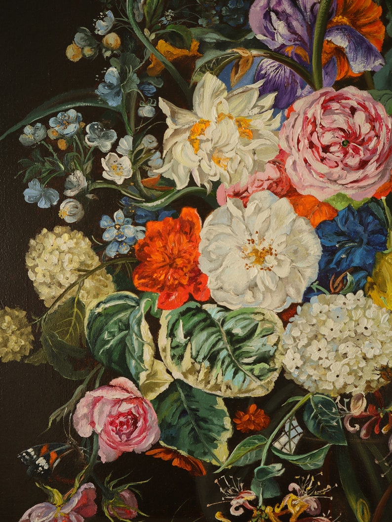 May include: A vibrant floral still life painting featuring a variety of blooms in shades of white, pink, red, and purple. The arrangement includes roses, irises, and hydrangeas, with green foliage and a dark background. Butterflies are also present.