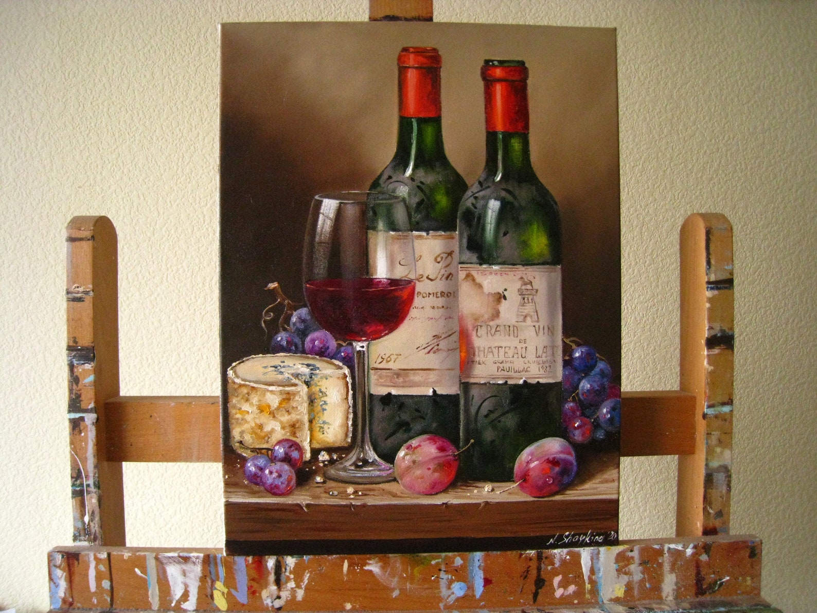 Original Oil Painting Wine and Fruit Still Life on Canvas: Bar Wall Art ...
