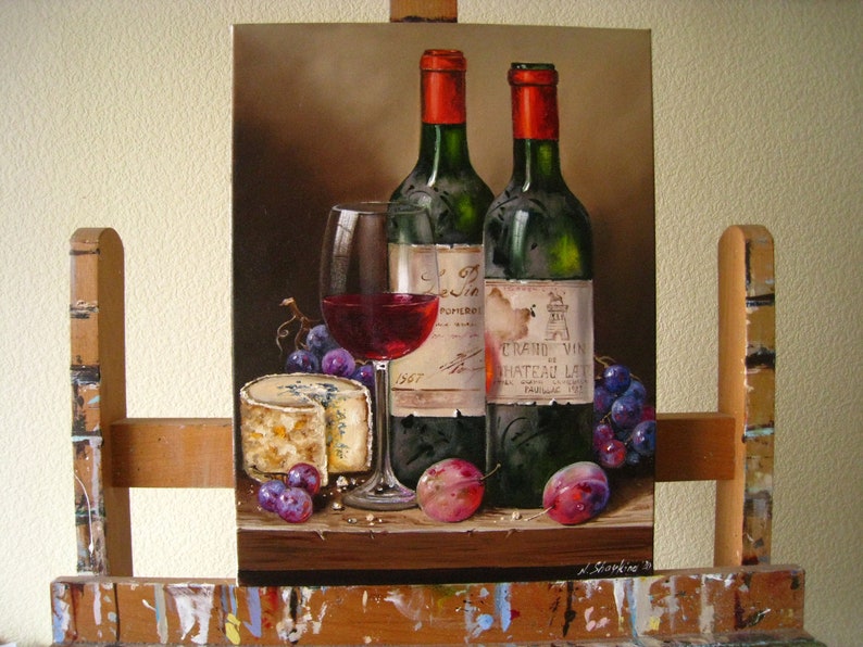 Original Oil Painting Wine and Fruit Still Life on Canvas: Bar Wall Art ...
