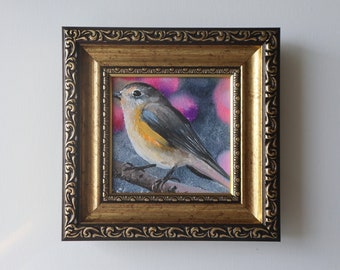 Bird painting original in frame, Miniature oil painting 4 x 4 bird art gift for mom, Framed Small Art, bird on a branch, one of a kind