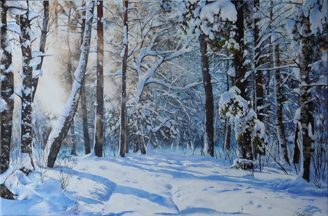 Winter Forest Landscape Painting for Farmhouse, Snowy Woodland Oil on ...