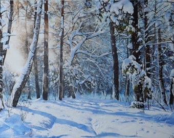 Winter Forest Landscape Painting for Farmhouse, Snowy Woodland Oil on Canvas Original Fine Art