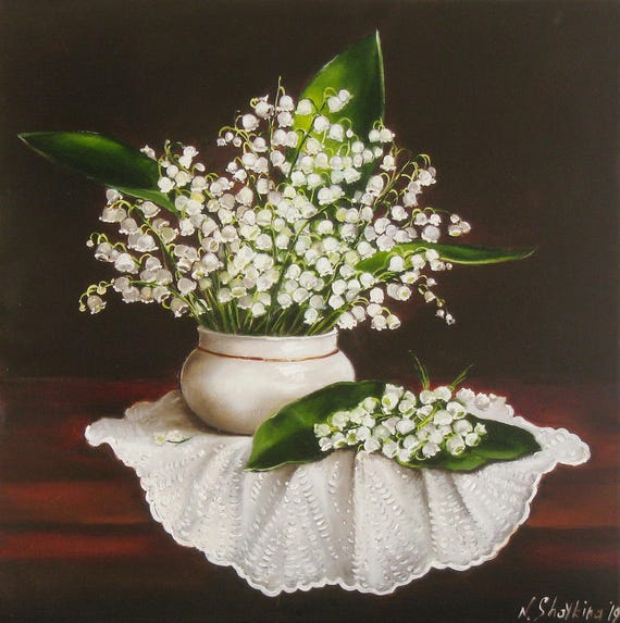 Original Oil Painting Lily of the Valley, White  Flower Art, Floral Still Life, Fine Art, Contemporary Paintings, Bedroom Wall Decor