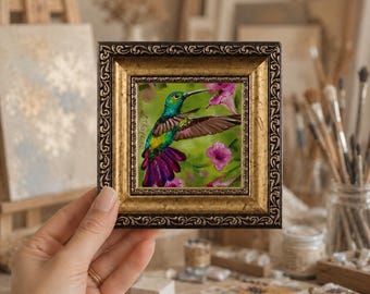 Hummingbird Original Oil Painting: Miniatures Bird Art Framed, Green Purple