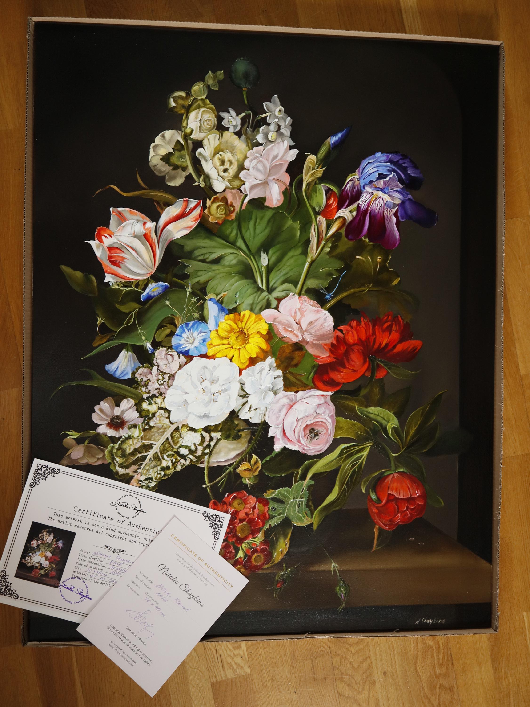 Moody Dutch Floral Still Life Original Oil Painting, Dark Flower