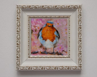 Robin bird painting original in frame, Miniature small oil painting 4x4 bird art gift for mom, Small art frame bird on blossom brunch