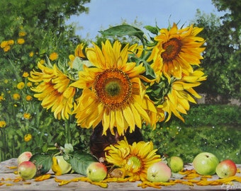 Sunflowers Painting on Canvas, Original Still life Country Bouquet in Ceramic Vase, Realistic Yellow Flower Art, Summertime, Home Wall Decor