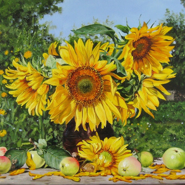 Sunflowers Painting on Canvas, Original Still life Country Bouquet in Ceramic Vase, Realistic Yellow Flower Art, Summertime, Home Wall Decor