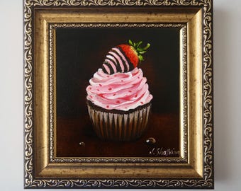 Original Oil Painting Strawberry Cream Cake, Hand Painted Canvas 6x6 in, Small Art Frame for Kitchen