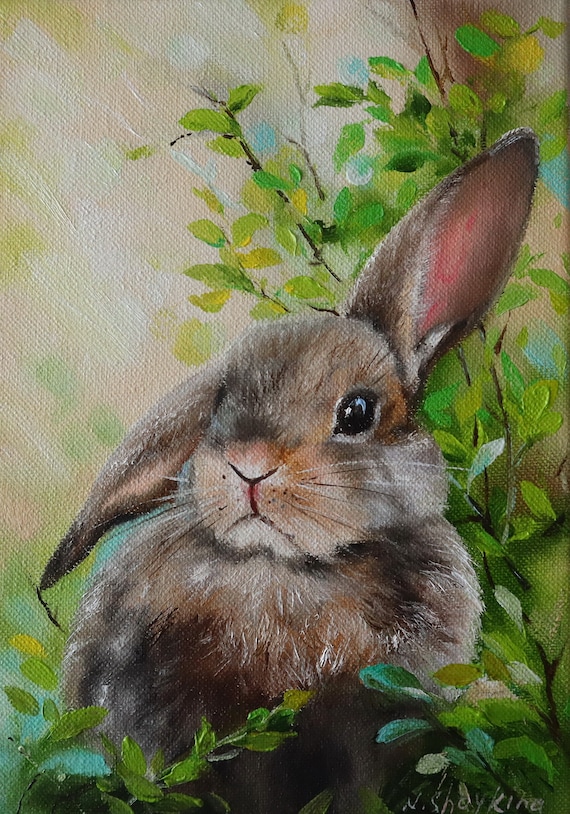 Original Rabbit Oil Painting Canvas, Cute Bunny in Green Grass, Nursery Wall Art, Animal Lover Gift, One of a kind, Unique Wildlife Artwork