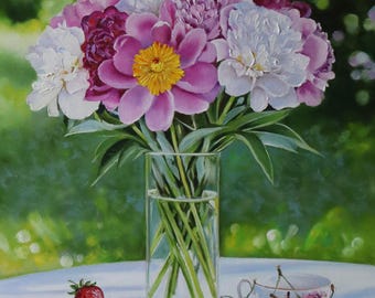 Original Peony Oil Painting, Pink Floral Bouquet Wall Art, Bedroom Decor