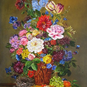 May include: A still life painting of a bouquet of colorful flowers in a brown ceramic vase. The flowers include roses, lilies, tulips, and other blooms. The vase is decorated with a textured design. The bouquet is arranged on a table with a bird's nest, grapes, and a peach.