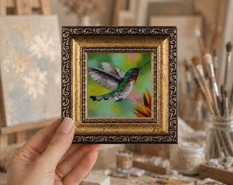 Hummingbird Original Oil Painting Framed 4x4, American Backyard Bird, Hummingbird lovers gift