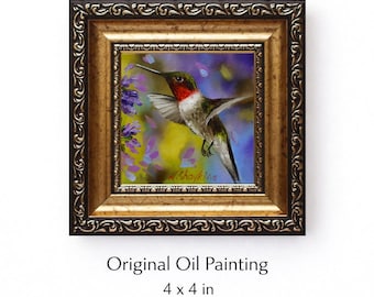 Original Oil Painting Hummingbird Framed, Miniature Art, Bird Lover Gifts, Simple Artwork