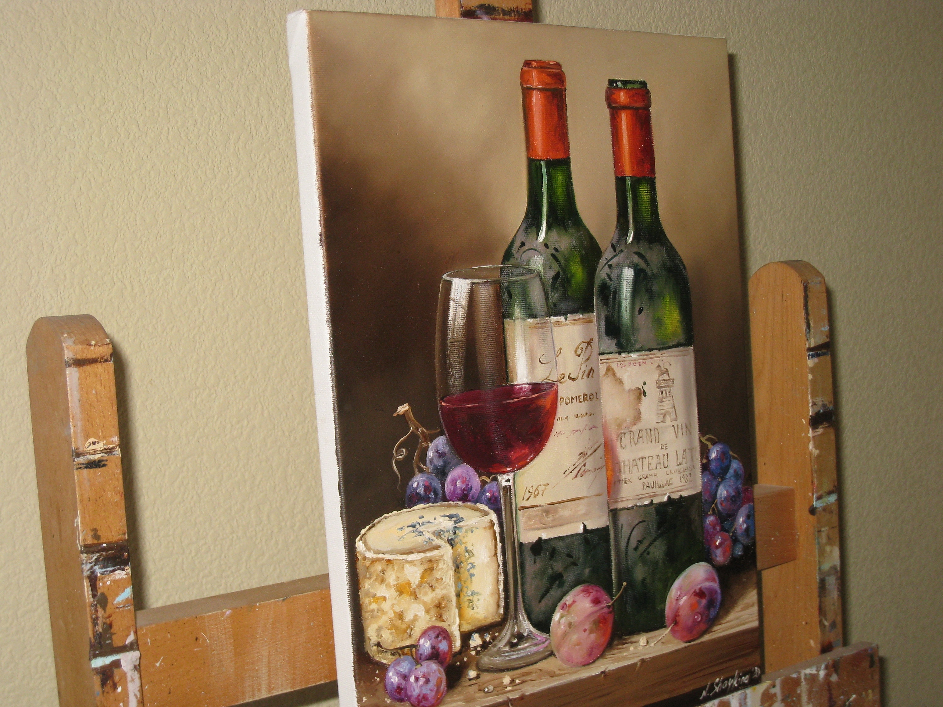 Original Oil Painting Wine and Fruit Still Life on Canvas: Bar Wall Art ...