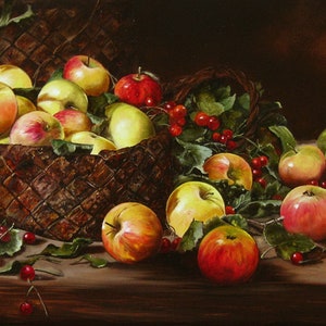 Large Apples Oil Painting Original - Realistic Still Life Art, Farmhouse Wall Decor, Moody Fruits on Dark Background