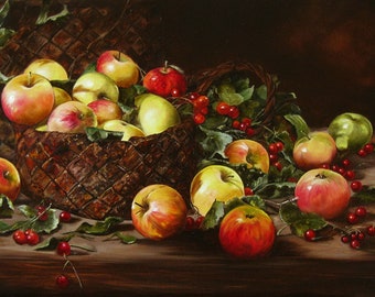 May include: A still life painting of a woven basket overflowing with red and green apples. The basket is surrounded by green leaves and red berries.