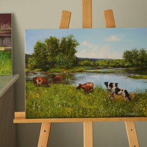 Cow Farm Life Original OIl Painting on Canvas, Farm Animal Fine Art, Pastoral Landscape, Narure Artwork, Farmer Cow Painting, Grazing Cattle image 8