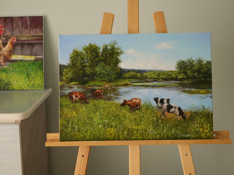 Cow Farm Life Original OIl Painting on Canvas, Farm Animal Fine Art, Pastoral Landscape, Narure Artwork, Farmer Cow Painting, Grazing Cattle image 8