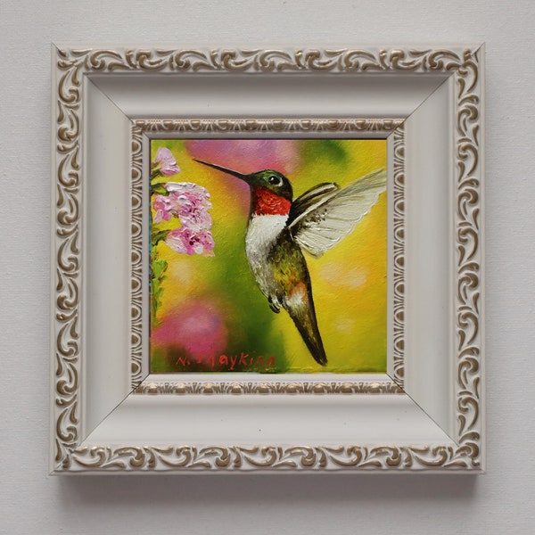 Hummingbird Wall Art, Miniatures Painting Art Original 4x4, Beautiful Bird Wall Art, Small Art in Frame, Unique Housewarming Gift, 3D Art