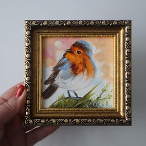 Miniature Robin Oil Painting: Framed Bird Art, Nature Wall Decor