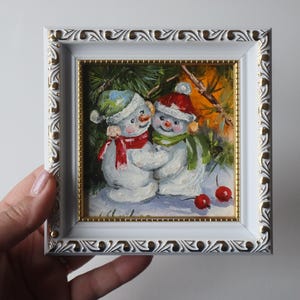 Christmas Original Painting in Frame, Snowman Small Art Xmas Gift, Miniature Oil Painting 4x4, Winter holiday Wall Decor Christmas Mini Art