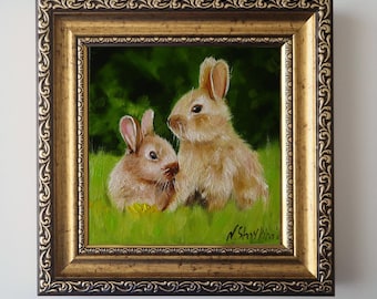 Original Oil Painting Two Rabbits, Cozy Woodland Nursery Art, Framed Bunny Animal