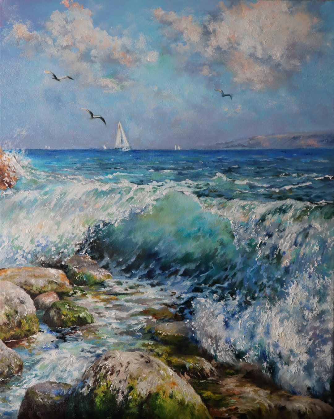 Original Oil Painting Ocean Waves on Canvas, Coastal Seascape With