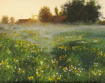 Beautiful Meadow with Wildflowers - Original Oil Painting in Morning Light, Countryside Dawn Landscape, Fine Art, Large Wall Art Canvas