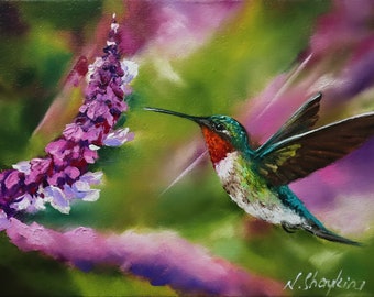 Original Ruby Throated Hummingbird Art - Small Oil Painting on Canvas, Sage Background, Bird Lover Gift, Small Wall Art Decor