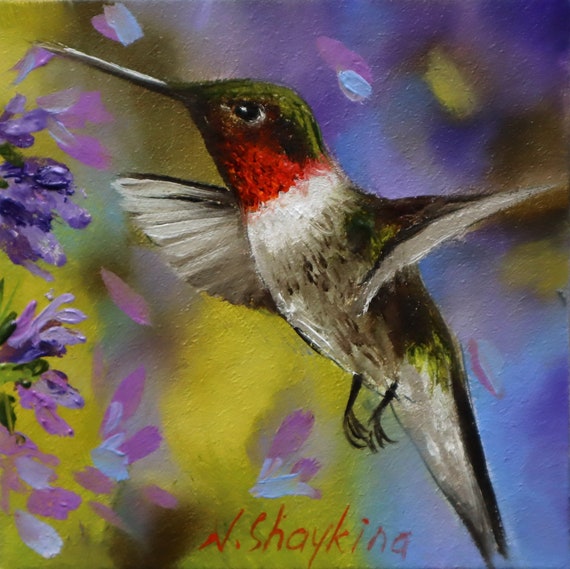 Peinture originale de colibri, peinture d'art d'oiseau dans le