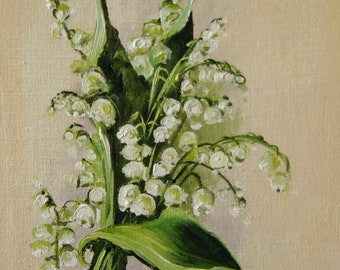 Original Oil Painting, Lily of the Valley Spring Flowers, Botanical Wall Art (8x12 in)