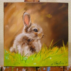 Original Oil Painting Rabbit in Grass, Impressionist Animal Artwork, Nursery Wall Decor imagem 4