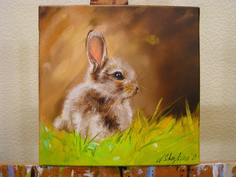 Original Oil Painting Rabbit in Grass, Impressionist Animal Artwork, Nursery Wall Decor imagem 4