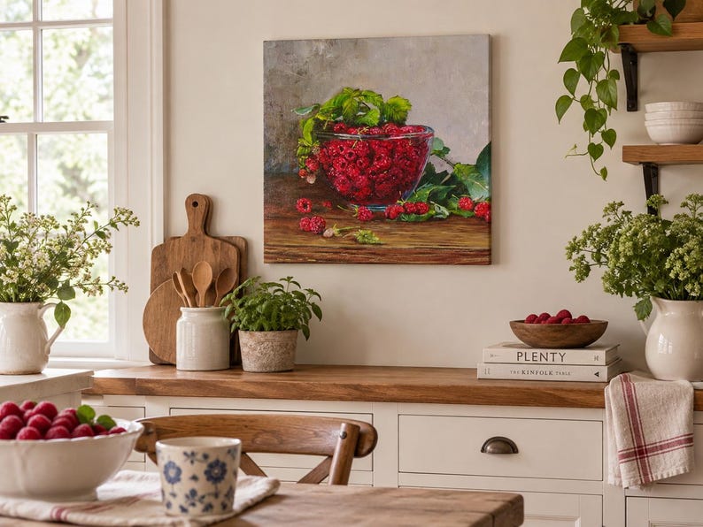 May include: A square canvas wall art print featuring a clear glass bowl filled with bright red raspberries and green leaves, resting on a dark wooden surface against a neutral gray background, capturing a realistic still life fruit arrangement.