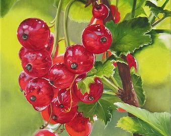 Original Redcurrants Oil Painting, Red Berry Canvas Art, Nature Wall Decor, Vivid Garden Backdrop Realistic Wall Art, Red Green, Beautiful