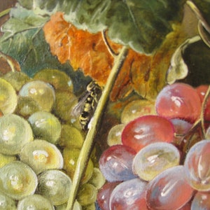 May include: An oil painting depicting a cluster of pale green grapes and a cluster of reddish-purple grapes. A small yellow and black wasp is perched on a green vine stem between the two grape bunches, positioned beneath a large, textured orange leaf.