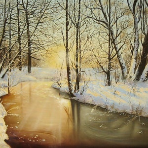 Original Oil Painting Snowy Forest, Winter Evening Contemporary Landscape Canvas Wall Art, Sunset Scenery Fine Art, Farmhouse Wall Art decor